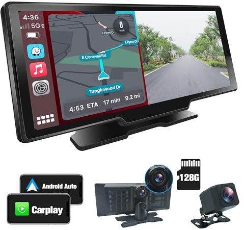 DDKUS Wireless Apple Carplay und Android Auto mit Rückfahr Kamera, 10,26 Zoll 1080P Portable Display, Original Auto Stereo FM Transmitter, Loop Recording, Sprachsteuerung, Bluetooth
