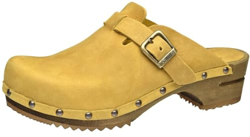 Sanita Kristel offener Clog | Original handgemacht | Leder-Holzclogs für Damen | Nachhaltige Sohle | Senf gelb | 37 EU