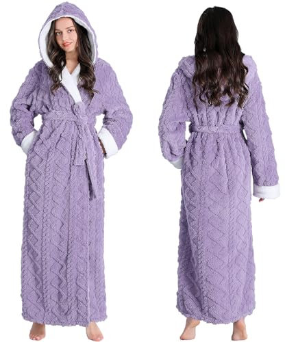 Oksun Womens Long Dressing Gown Robe Full Length Ladies Fluffy Plus Size Fleece Hooded Winter Warm Bathrobe (Purple, L)