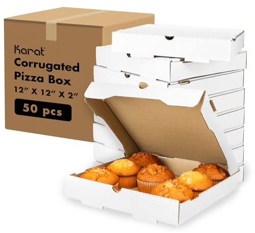 Karat Pizza Boxes 12 x 12 x 2 [50 Pack] White Corrugated Boxes | Ventilated, Grease-Resistant, Durable for Pizza, Catering or Shipping Use