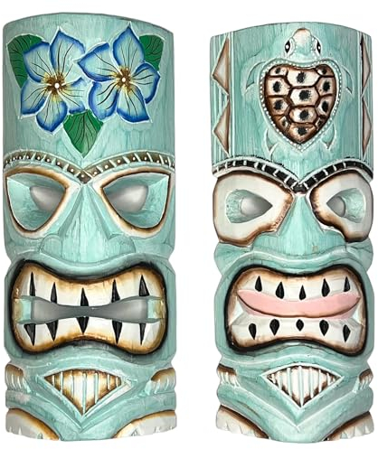 2er Set - Aqua Teal Tiki Maske - Einzigartige handgeschnitzte Wandbehang oder freistehende Skulptur - Tropische polynesische Blumen und hawaiianische Meeresschildkröte - Tribal Party Strand Luau Bar