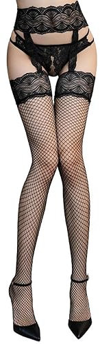 Stützstrümpfe Damen Dessous, sexy Spitze, durchsichtig, Netzstrumpfhose, EIN Strumpf rutschfeste Spitzensocken Oberschenkel (Black, One Size)