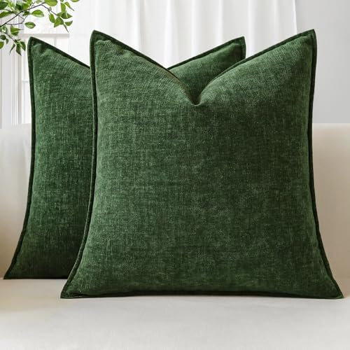 Sungeek 2er Set Chenille Kissenbezüge, Weich Dekorativ Zierkissenbezüge Umwickelte Kante Kissenbezug Dekokissen Deko Bezug Einfarbig Kissenhülle für Sofa Schlafzimmer Wohnzimmer (60x60cm, Grün)