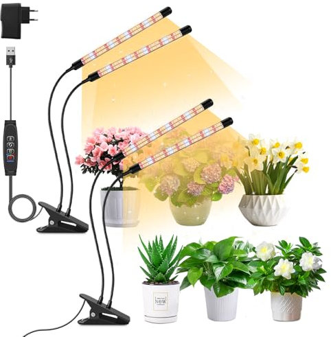 2Pack 2 têtes Lampe pour plantes, lumière de croissance à spectre complet en forme de V pour plantes d'intérieur, 10 niveaux de gradation, minuterie automatique 3/9/12H