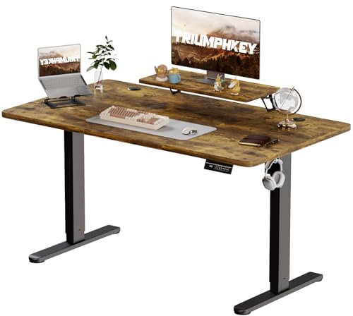 TRIUMPHKEY 160x70cm Scrivania Regolabile in Altezza,Ripiani per Monitor,Elettrica Scrivania per Computer con Funzione di Memoria,Standing Desk 73-118cm,Marrone