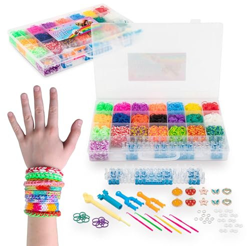 Joya Creative Loom Bänder Set - 4000+ Teile - 22 Farben - Schmuckbastelset für Kinder - Inklusive Webrahmen, Hakenplatte, Anhänger und S-Clips - Perfekt für Armbänder und Schmuckstücke - Latexfrei