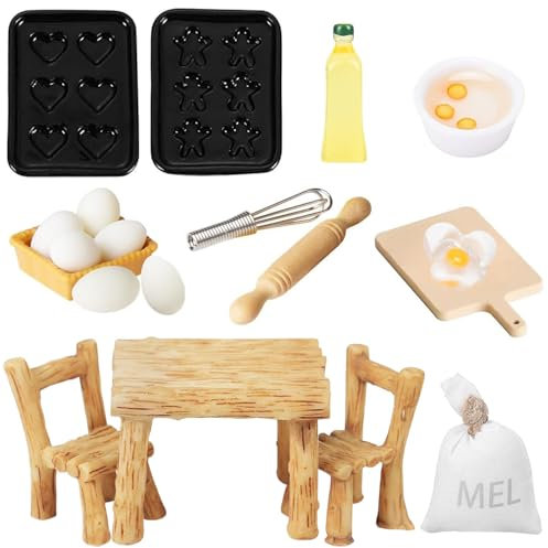19 Stück Wichtel Zubehör Backen,1:12 Wichtel Zubehör Weihnachten,Miniatur Puppenhaus Zubehör Küche,Miniatur Eier,Miniatur Deko Tisch und Stühle,Weihnachtswichtel Zubehör Miniatur (Küchenutensilien)