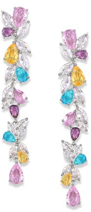 EVER FAITH Pendientes largos con circonita para mujer, fiesta, novia, con cristal plateado, pendientes de araña de pétalos de flores de cristal claro tono plateado, Circonita cúbica, Circonia cúbica