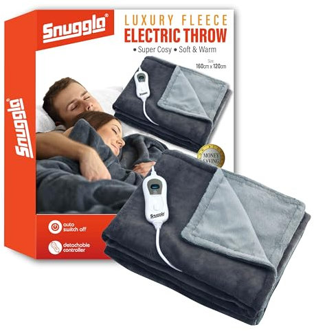 Electric Heated Blanket Throw Soft Cosy Large Fleece Over Blanket with Auto Off Timer 3 Heat Settings Detachable Controller & Machine Washable Dark Grey/Light Grey 160x120cm