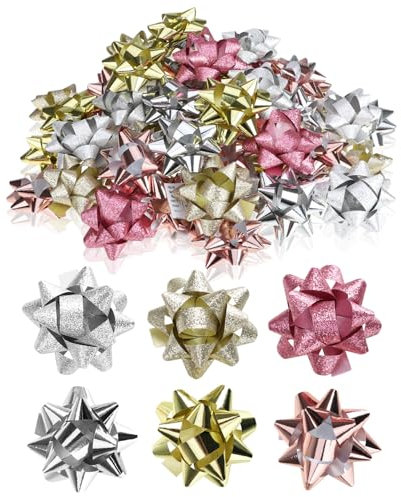 Wilhelm Sell® 60x Noeuds Cadeaux Autocollants - 5 x 2 cm Noeuds colorés pour Cadeaux - Noeuds décoratifs prêts à l'emploi pour Noël, Anniversaires et Mariages (Argent/Or/Rose)