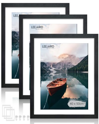 LEEJARD 3er Bilderrahmen 40x50cm, Schwarz Fotorahmen Holzrahmen Mit Bruchsicherem Plexi-Glas Zum Senkrechten Oder Waagerechten, Portraitrahmen Mit Nahtloser Haken für Wandbehänge