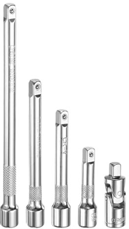 sourcing map 1/4 Drive Socket Extension Set 2 3 4 6 Ratchet Wrench Extension Bar Set Chrome Vanadium Steel Square Drive Socket Set with 1/4 Drive Universal Joint Socket Silver 5-Piece Set