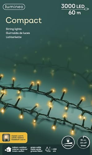 Lumineo Lichterkette Compact klassisch warm - 3000LEDs - 60 Meter - grünes Kabel - Indoor & Outdoor - Timer - 5 Stufen Dimmer - IP44 Schutz