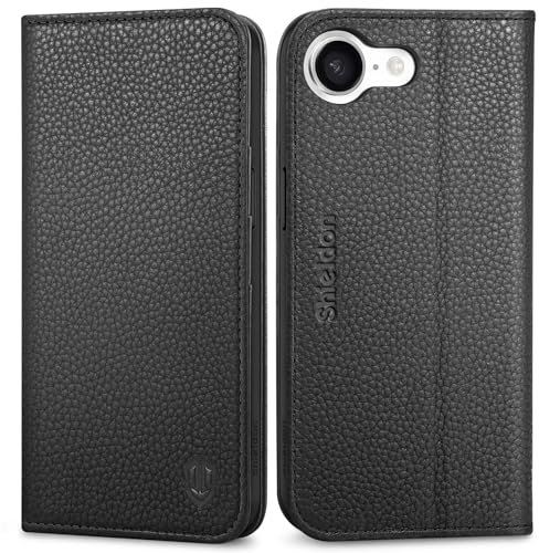 SHIELDON Hülle für iPhone 16e, Handyhülle Case [Litschi Echtleder] [RFID Blocker] [Kartenfach] [Ständer] Stoßfest Magnetisch Schutzhülle Kompatibel mit iPhone 16e 2025 6,1 - Schwarz