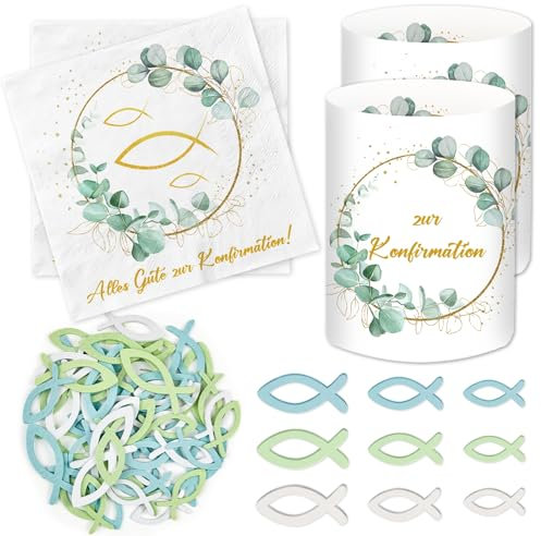 20 Stück Servietten Konfirmation + 12 Windlicht Tischdeko+ 60 Holzfische Streudeko, Konfirmation Deko Junge Mädchen Eukalyptus Grün, Party Geschenke, Gastgeschenke, Tischdekoration Holz Fische Deko