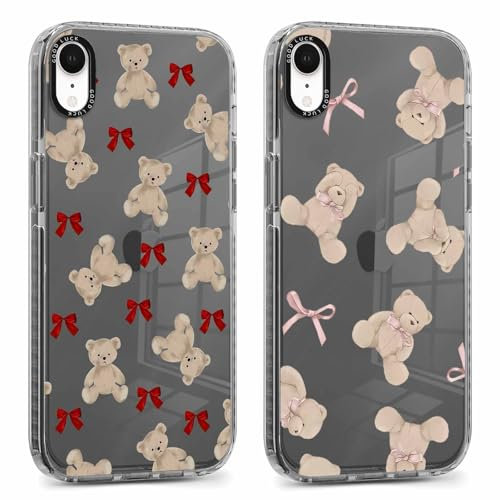Phoona 2 packs Phone Case for iPhone XR 6,1'', Cute Clear Transparent Cover with Bear Pattern Aesthetics Design, Soft Shockproof Protective Bumper Slim Funda for Women Girls