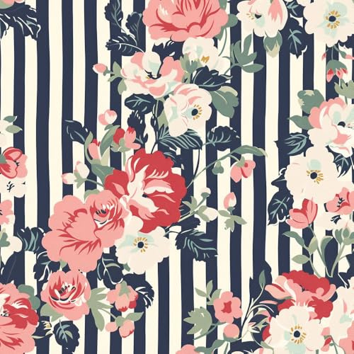 JIAOQSS Peel and Stick Wallpaper Navy Stripes Pastel Florals Self Adhesive Wallpaper Stick On Wallpaper Vinyl Waterproof Decorative Bedroom Wallpaper