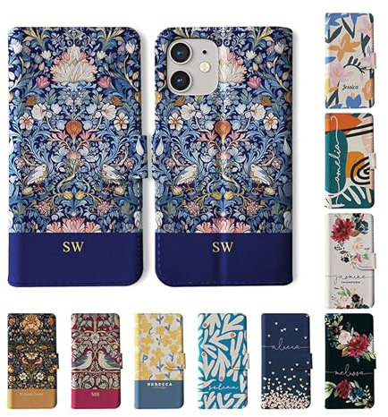 Tirita Personalised Wallet Phone Case for iPhone 16 With Card Holder – Leather Flip Case or Cover With Custom Name – Cute Personalised Gift for Women [01. William Morris Floral Blue Flowers]