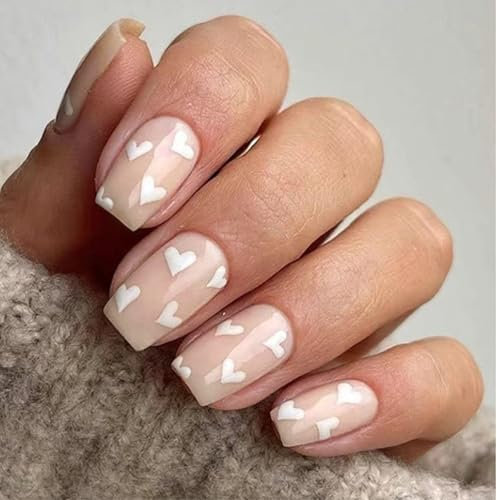 24 Piece Set of Short, Square False Nails with White Heart Prints - Easy to Apply Stick-On and Removable Glue-On Options for Women and Girls' Nail Art