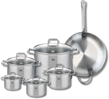 ELO 9501450 Batterie de cuisine 6 pièces, Set de 1 Poêle de cuisson 32 cm et 5 faitouts 12, 14, 16, 20 et 26 cm Elo Profi Citrin, inox, induction
