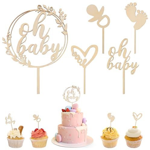 TNEDFOD 5 Stück Cake Topper Holz, Tortendeko, Tortendeko Geburtstag Kuchen Deko für Gender Reveal Partydeko Erstkommunion Kuchendeko Junge Mädchen