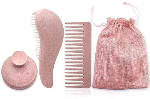 2Bebest Wheat Straw Hair Brush Set 3 Piece Pink & Beige with Head Massage Comb and Storage Bag