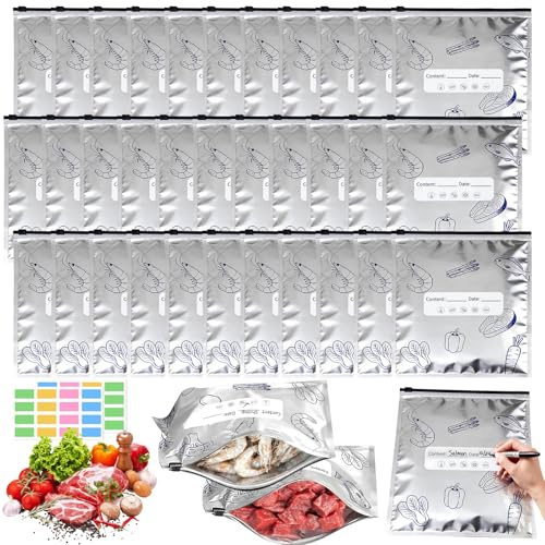 Mispudin 30 Stück Gefrierbeutel Zipper Groß, 2L Aluminium Gefrierbeutel Wiederverwendbar mit Aufklebern, Aufbewahrungsbeutel mit Reißverschluss Lebensmittel für Fleisch, Meeresfrüchten, Gemüse