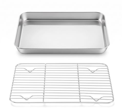 Homikit Backblech mit Abkühlgitter, Edelstahl Kuchenblech, 26,5x20,5x2,5cm | Rechteckig Klein Ofenblech & Kuchengitter, für Backen Braten, Gesund, Ungiftig, Spülmaschinenfest, Paralleler Linienen Gitter