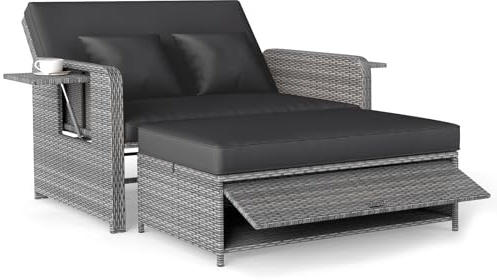 COSTWAY Lounge Möbel Outdoor, Gartensofa mit Liegefunktion | Gartenlounge mit Kissen & Seitenablagen, Rattan Lounge Sofa, Loungebett, Doppelliege 2 Personen, Balkonmöbel Kleiner Balkon