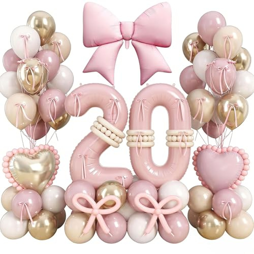 59-teiliges Kindergeburtstag Party Deko Set, Dusty Pink Gold Weiß Sand Luftballons, Herz Folienballon mit Schleifenband, 20. Geburtstag Dekoration für Mädchen und Frauen