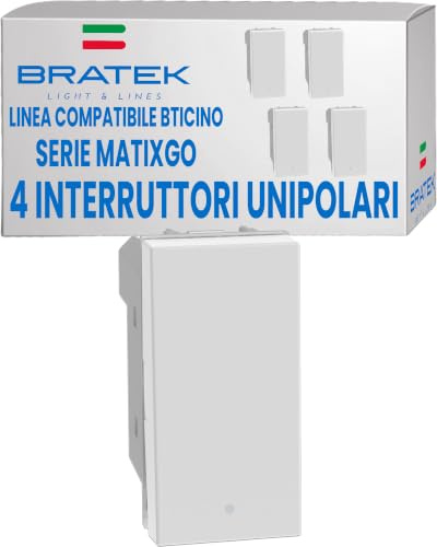 Bratek 4 Schalter kompatibel mit BTicino Matix Go – Schalter für Wandleuchte, einpolig, schwenkbar, weiß, ersetzt JW4001 x Halterungen B Ticino MatixGo - Made in Europe, beleuchtbar, LED nicht im