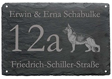 Door Sign House Number + Street + Name with German Shepherd Engraving as Slate Board Individually Made Slate Sign Dog