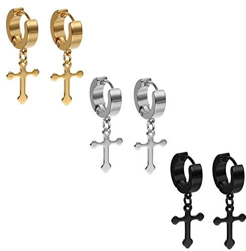 OIDEA Unisex Ohrringe Kreuz Creolen: 3 Paare Herren Damen Creolen Gold Schwarz Silber Piercing Set aus Edelstahl Allergiefreie Ohrclips mit Kreuz Anhänger Ohrschmuck Geschenk für Männer Frauen