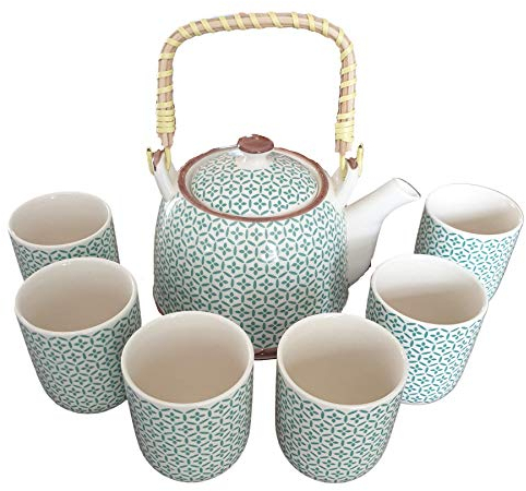 Herbal Teapot Green Mosaic.Built in Teastrainer and 6 Matching Cups