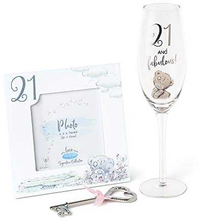 Me to You Tatty Teddy 21st Birthday Gift Set with Champagne Flute, Photo Frame and Keepsake Key - Official Collection, White, 3 Count (Pack of 1)