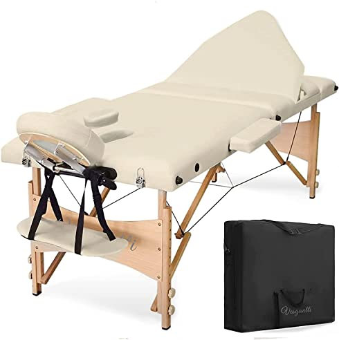 Vesgantti Table de Massage Pliante Professionnelle, Lit de Massage 3 Zones Bois, Table Esthetique Cosmetique Tatouage Portable, Hauteur Réglable avec Repose Bras - Beige