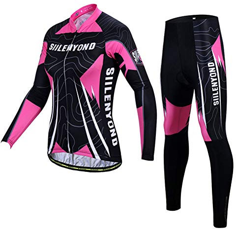 Set Abbigliamento da Ciclismo Completo Donna Professionale Maglia Maniche Lunghe+Pantaloni Lunghi con 3D Cuscino per Ciclismo MTB Bicicletta Bici da Corsa M3,A,M