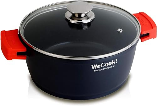 WECOOK! Ecostone Cazuela Alta Inducción con Tapa de Cristal 24cm, Antiadherente XTRA DUPON Ecológico sin PFOA, Aluminio Fundido, 5mm Espesor, 9cm Alto, Asas de Silicona, Vitrocerámica, Gas Negro