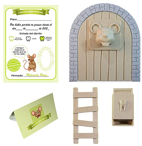 Myfuturshop® Ratoncito Pérez Puerta mágica, Caja para el Diente, Escalera, 4 certificados de Diente Limpio. Regalo Original para niño y niña. Marron Claro.