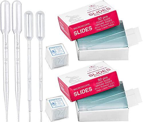 Leere Mikroskop-Objektträger und Abdeckungen, 100 Stück vorgereinigte Objektträger und geschliffene Kanten, 200 Stück Mikroskope, quadratische Abdeckgläser mit 1 ml / 2 ml Kunststoff-Pippern.