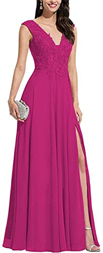 KURFACE Pizzo Appliques Abiti da damigella d'onore Scollo a V Spacco Formale Festa di Nozze Abiti da Sfera per le Donne, Fucsia, 50