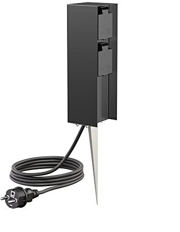 ledscom.de Garten-Steckdosen-Säule POMI mit Erdspieß und 2m Kabel für außen, IP44, 2-Fach, schwarz, eckig, 23cm