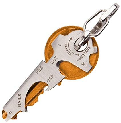 Portachiavi con moschettone e 8 funzioni, strumento rimovibile e multifunzionale in acciaio inox, Nero, Taglia unica (Argento)