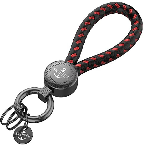 Skipper Schlüsselanhänger Schlüsselbund Schlüsselband Keychain mit Karabiner und zwei Ringen Leder Imitat geflochten Geschenk für Frau Mann Freund Auto Fahrrad Motorrad schwarz 8874 - Schwarz/Rot