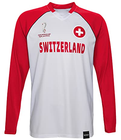 FIFA Officiel Coupe du Monde 2022 Classique Manches Longues-Suisse T-Shirt, Rouge/Blanc, XL Homme