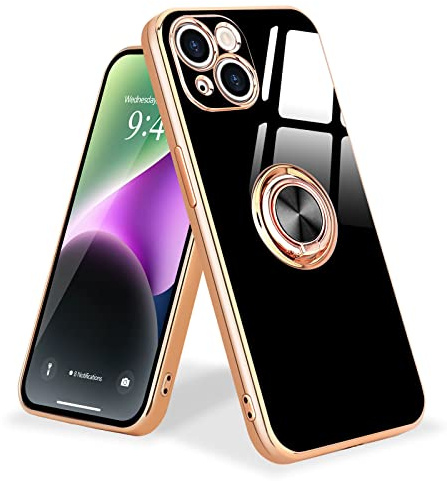 Urarssa Kompatibel mit iPhone 14 Hülle Schwarz | Galvanik Glänzend Handyhülle Weiche Mode Case mit 360 Grad Ring Ständer Schutzhülle, Stoßfest