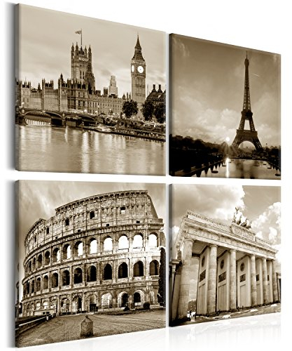 B&D XXL - Wandbilder Set Stadt 40x40 cm 4 Teilig je 20x20 Vlies Leinwandbild Kunstdruck modern Wandbilder XXL Wanddekoration Design Wand Bild mehrteilig - City Paris Rom Berlin London sepia