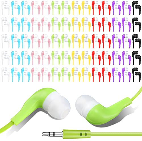 Kigeli Confezione da 100 auricolari in-ear per studenti, per scuola, biblioteche, studenti, adolescenti, compatibili con la maggior parte delle interfacce da 3,5 mm (multicolore)