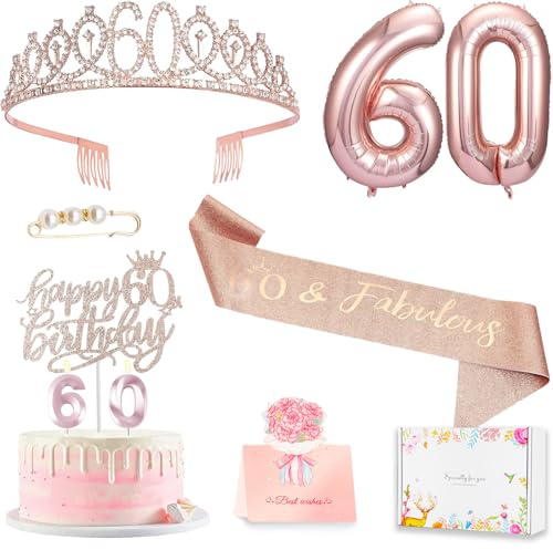 Geschenke zum 60. Geburtstag für Frauen, einschließlich 60. Geburtstag Königin Schärpe mit Perlnadel, süße Strass Tiara Krone, Zahlenkerzen und Luftballons Set, Roségold