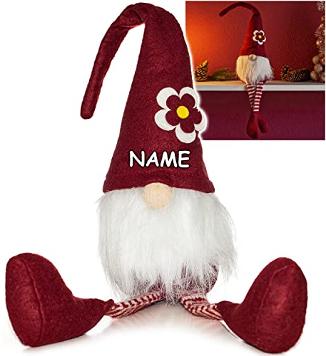 alles-meine.de GmbH lustiger Wichtel/Zwerg 58 cm groß weinrot - mit Blume - inkl. Name - für Sommer & Winter - Weihnachten - Plüschtier/Kantenhocker/Türstopper - Weihn..